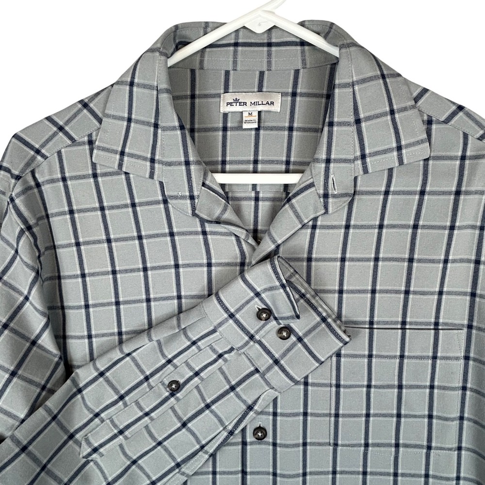 Peter Millar Mens Grey Navy Plaid Flannel Long Sleeve Button Down Shirt Size M